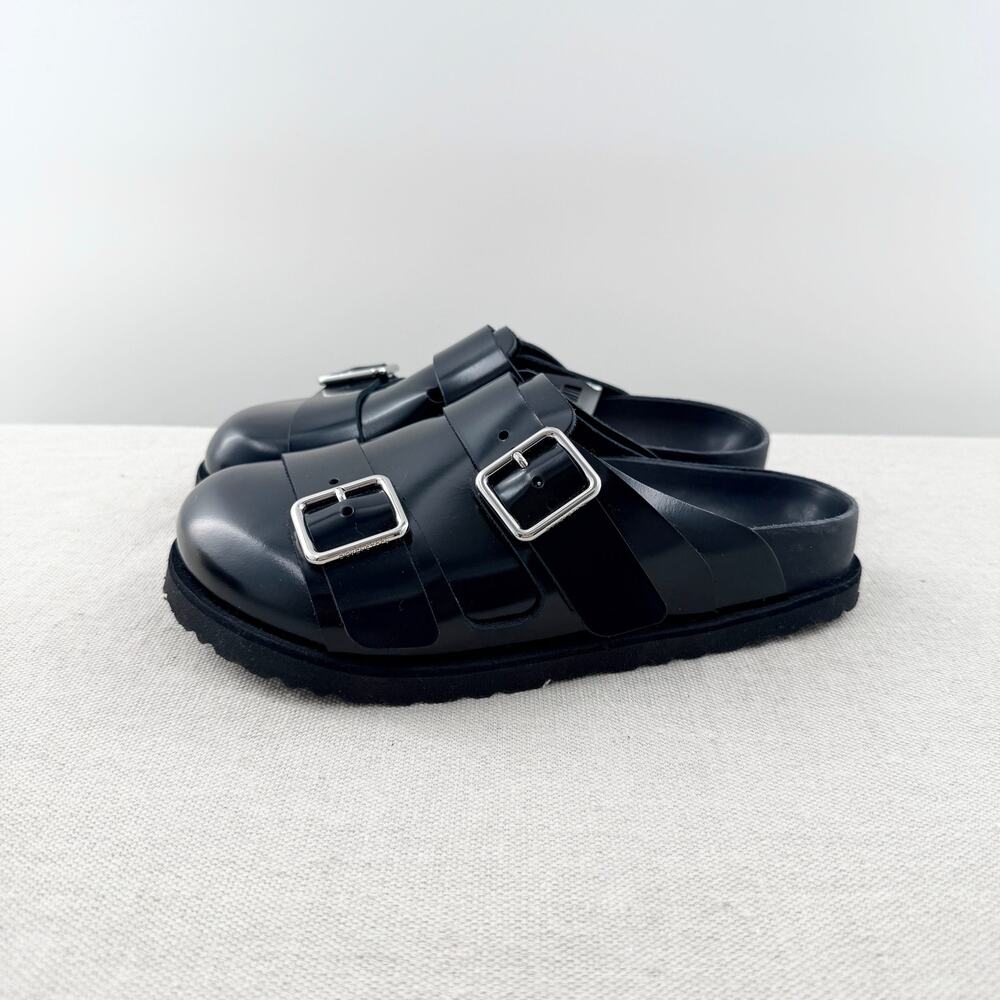 NWOT Birkenstock 1774 222 West Glossed Leather Buckle Leather Mules Black EU 35